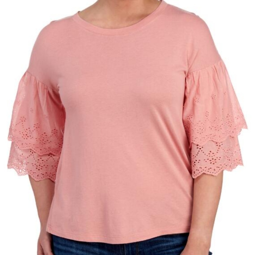 LIFE STYLE PETITE Petite Layered Eyelet Sleeve Top
